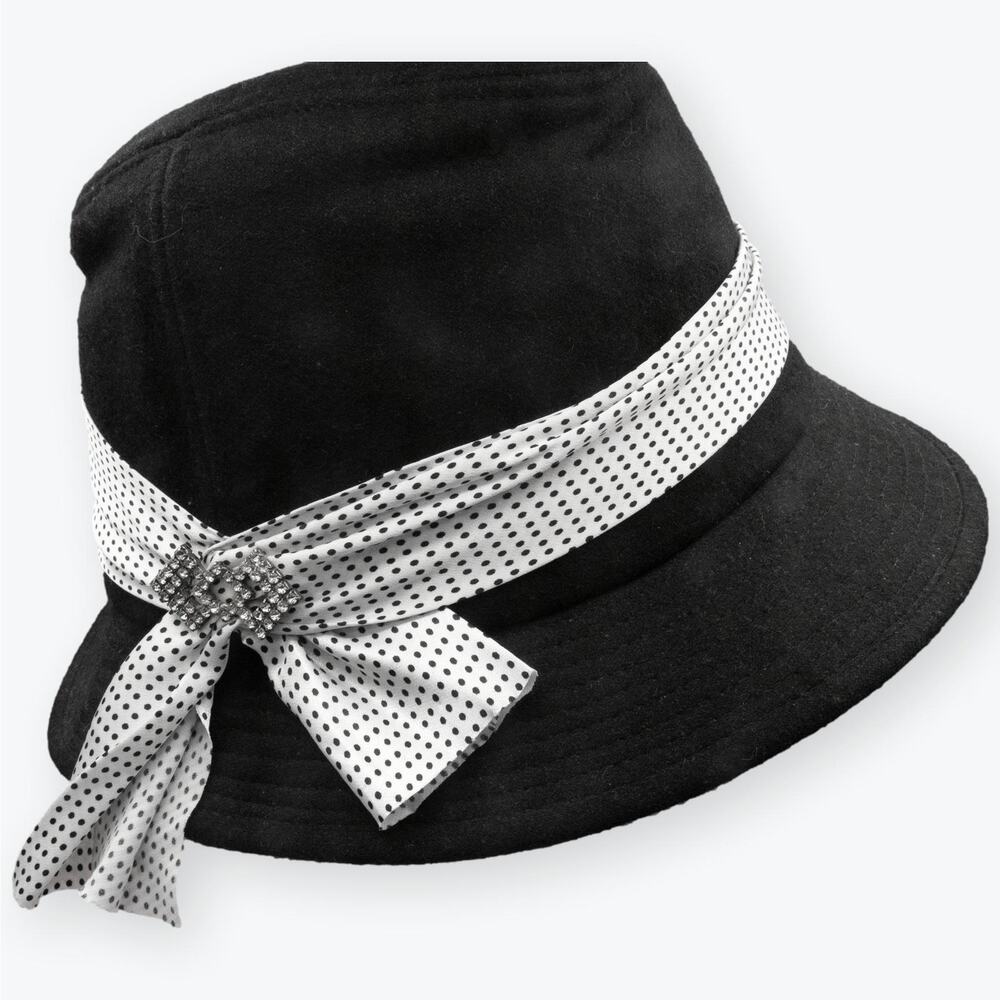 Black Felt Women Sun Hat White Polka Dot Hat Band